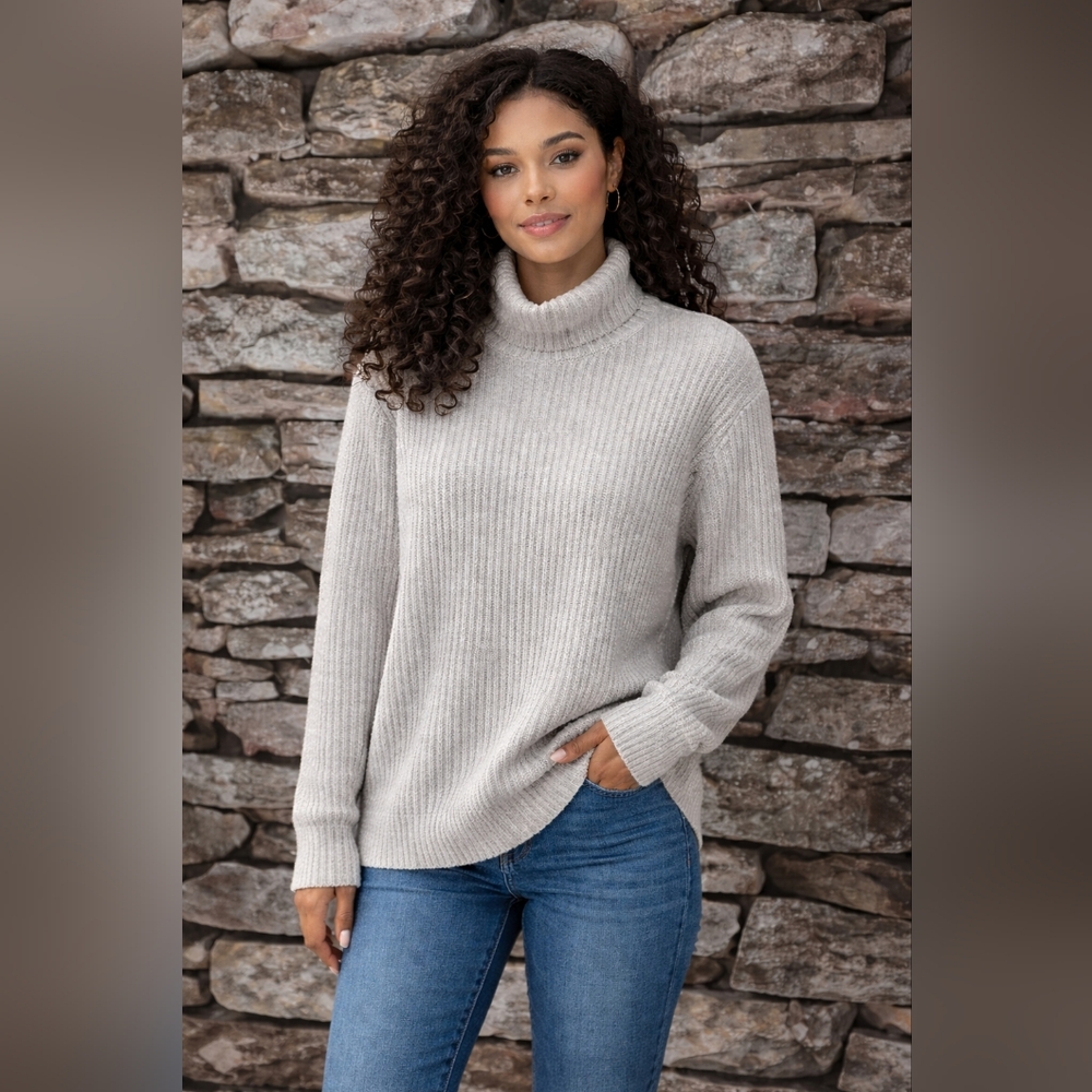 Harrison Davis Grey Ribbed Turtleneck Sweater – Women’s Size XL Cozy Winter Knit